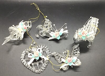 #ad Lot Of 5 Vintage Spun Clear Glass Christmas Ornaments Heart Butterfly Angel Etc $19.95