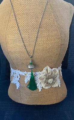#ad fashion long necklace Christmas green tassel and vintage crystal stone $16.00