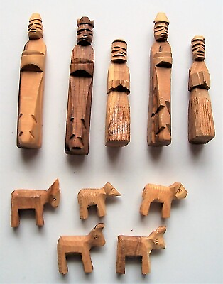 #ad 10 Carved Wood Primitive Miniature Folk Art Figurines 5 People amp; 5 Animals $33.20