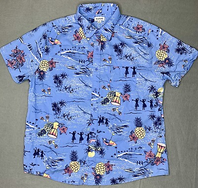 #ad Mens Hawaiian Shirt Aloha Blue Palm Trees Pineapple Haggar 100% Cotton Button XL $12.30