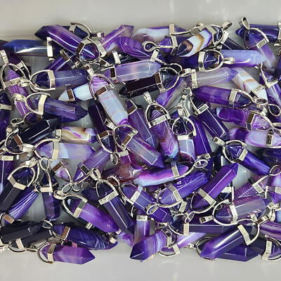#ad 500pcs Natural Purple Line Agate Stone Point Chakra Healing Pendants Wholesale $330.99