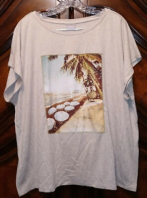 #ad Chico#x27;s Top 3 Beige Tropical Print Rayon Spandex Stretch Knit Tee Shirt Blouse $21.00