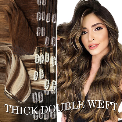 #ad Clip in Hair Extensions Real Remy Human Hair Thick Double Wefted 170g 24INCH $107.22