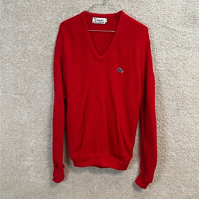 #ad Vintage Izod Lacoste Red V Neck Sweater Crocodile Logo Made in USA Medium $35.00
