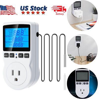 #ad Digital Thermostat Outlet Plug Temperature Controller Heating Cooling with Probe $16.57
