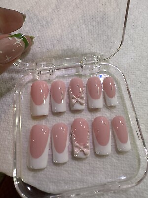 #ad CUSTOM Gel Press On hand painted nails 10 pcs Pink and White Square Medium $20.00