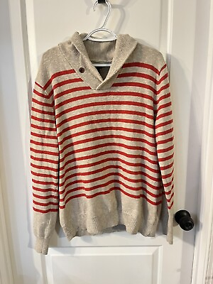 #ad J Crew Mens Collar Sweater XL Beige Red Stripes Shawl Neck Button Pullover $18.99