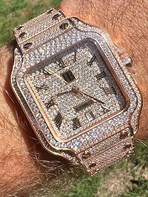 #ad 14k Rose Gold Plated Stainless Steel Mens Watch Fully Iced Hip Hop Out Bust Down $497.65