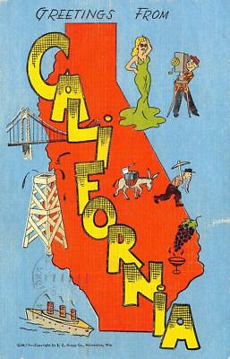 #ad CALIFORNIA State Map Grapes Large Letter Miner Movie Star 1949 Vintage Postcard $9.59