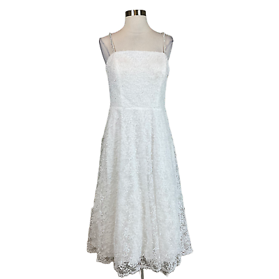 #ad Women#x27;s Cocktail Dress by AQUA Size 6 White Sequin Lace Sleeveless A Line Midi $69.99