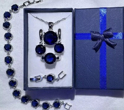 #ad Gorgeous Blue Sapphire Necklace Earrings Bracelet amp; Ring Size 8 Set $21.75