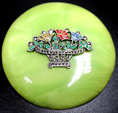 #ad Beautiful Colorful Rhinestone Flower Basket Green Disc Vintage Pin Brooch $59.99