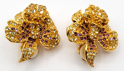 #ad JOAN RIVERS OMBRE CRYSTAL YELLOW GOLD ORCHID CLIP ON EARRINGS SWAROVSKI PURPLE $199.87