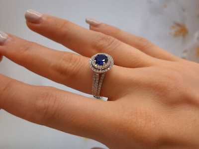 #ad 0.90 Ct Natural Blue Sapphire Solid 14K White Gold Diamond Women#x27;s Ring $708.80