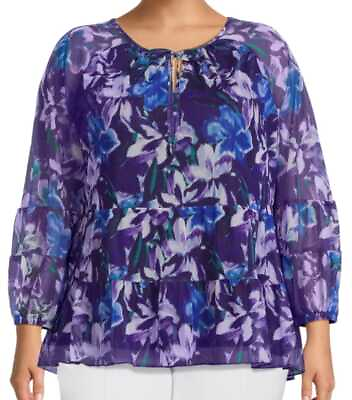 #ad Terra amp; Sky Women#x27;s Plus Size Print Mesh Peasant Top with Long Sleeves $12.00
