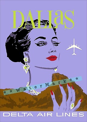 #ad Dallas Texas 1950 Delta Airline Evening Vintage Poster Print Wall Art Decor $28.59