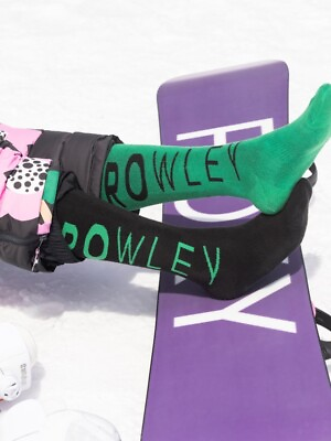 #ad NWT ROWLEY x ROXY Snowboard Ski Socks Women S M Black Green Logo Cushioned Fun $14.95