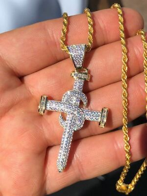 #ad Mens HIP HOP Solid 925 Silver Super Iced CZ Nail Cross Pendant 14k Gold Plated $72.97