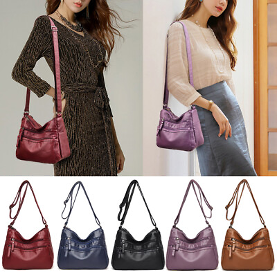 #ad Soft Leather Shoulder Bag Multi Layer Crossbody Bag Multi pocket Handbag Solid AU $29.25