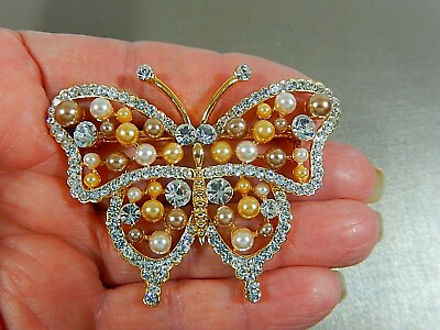#ad VTG BUTTERFLY ELEGANT RICH LOOKING CRYSTAL TRI COLOR FAUX PEARL CRYSTAL BROOCH $24.95