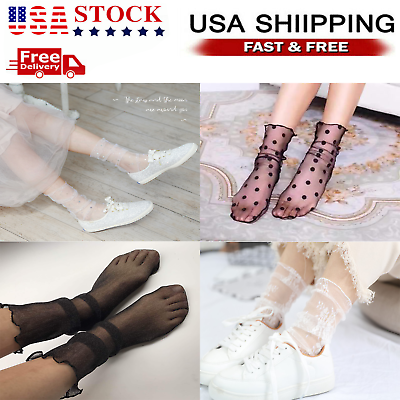 #ad Women Mesh Fishnet Lace Ruffle Socks Sheer Silky Glitter Short Ankle Stockings $2.92