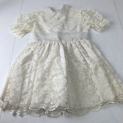 #ad Vintage ILGWU Girl#x27;s Size 7 Dress Ivory Lace with Pearl Necklace Union Made USA $22.99