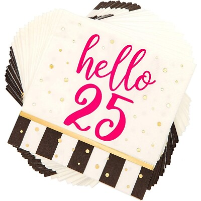 #ad 50x Hello 25 Birthday Cocktail Napkins Gold Foil Polka Dot for Birthday 5 inch $8.89