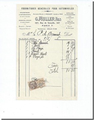 #ad Invoice G.Muller Son Supply General for Automobiles Paris 1926 $7.82