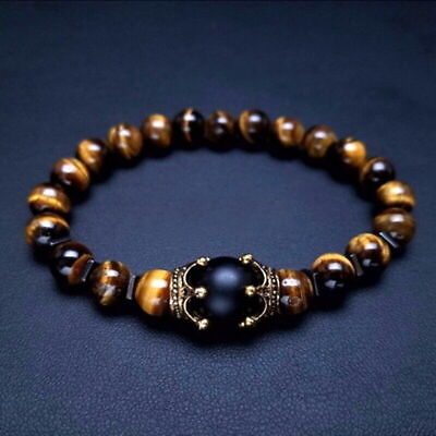 #ad Natural Stone Crown Tiger#x27;s Eye African Roar Bangle Round Beads Bracelet 8mm $6.78
