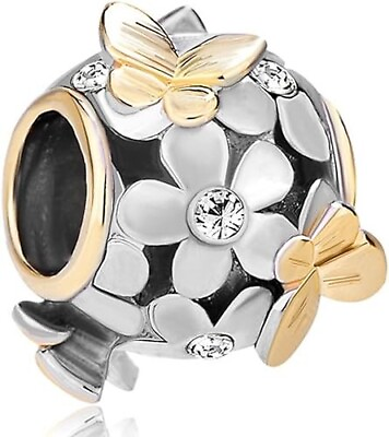 #ad Pandora Charms Bracelet With Crystal Love Silver Charm New Butterfly and Flowers $10.35