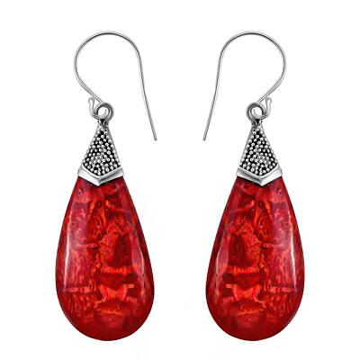 #ad 925 Sterling Silver Earrings for Women Red Sponge Coral Drop Boho Birthday Gifts $17.49