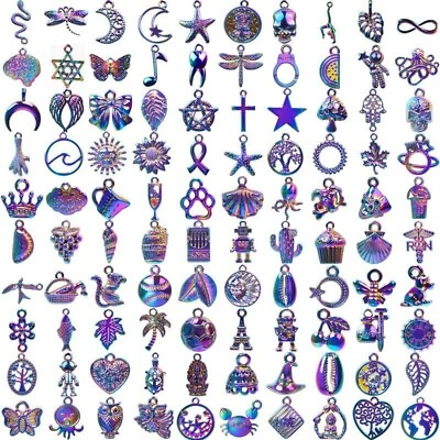 #ad 100pcs Assorted Colorful Alloy Dangle Charm Pendants Etched Metal Embellishments $28.69