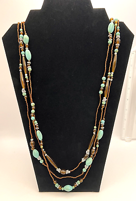 #ad Long Necklace Southwest Brown Turquoise Seed Beads Rhinestones Beaded Jewelry $10.45