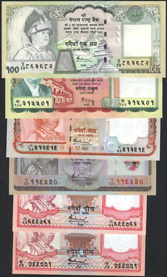 #ad NEPAL Kg GYANENDRA Rs 5 100 P 5253b53c545557 sign16 set of 6 banknotes UNC $18.00