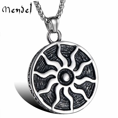 #ad MENDEL Mens Stainless Steel Fashion Fire Sun Solar Pendant Necklace Black Silver $11.99
