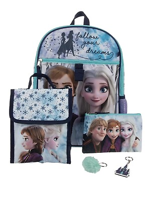 #ad Disney Frozen 5 Piece Backpack Set w Lunch BagSupply CasePom ClipChain New $15.88