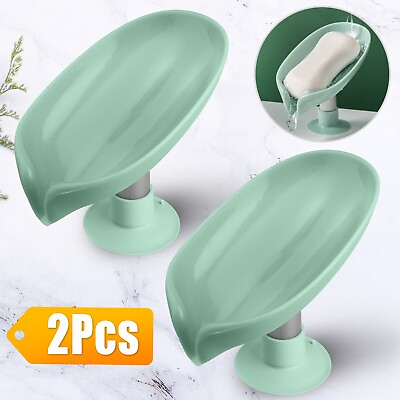 #ad 2pcs Soap Dishes Holder Self Draining Leaf Shape Box Saver Suction Cup Bathroom $6.97