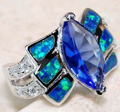 #ad 2CT Sapphire amp; Australian Opal Inlay 925 Sterling Silver Ring Jewelry Sz 8 RO2 $30.99