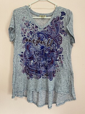 #ad One World Large Women#x27;s Blue Studded Paisley Floral Linen Hi Low TShirt Top $12.67