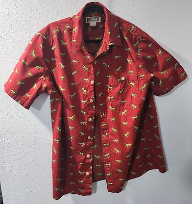 #ad Duluth Slim Fit Dinosaur Men#x27;s Red Green Cotton Button Up Size L with tag $22.00