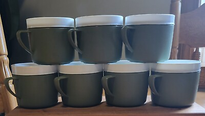 #ad Vtg Royal Satin Therm O Ware Avocado Olive Green Handle Mug Set Of 7 Insulated $15.00