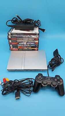 #ad Playstation 2 PS2 Slim Silver Console Bundle Lot 8 Games Controller Flip Top $150.00