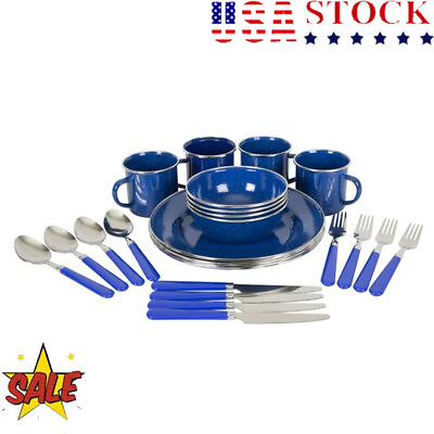 #ad 24Pc Enamel Camping Tableware Set Cup Plates Lightweight Compact Hiking Backpack $36.67