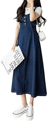 #ad #ad Women#x27;s Elegant Straps Back Smocked A Line Long Skirt Denim Overall Dress $17.99