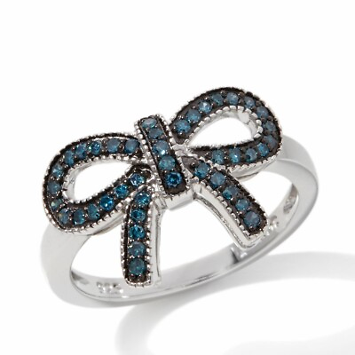 #ad 1 4ctw Blue Diamond Sterling Silver Bow Ring Womens Stackable Ring Size 5 HSN $108.99