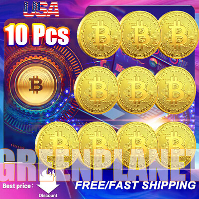 #ad 10 Pcs Gold Bitcoin Coins Cypto Commemorative Collectors Gold Plated Bit Coin $9.44