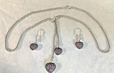 #ad Sterling Silver 925 Lariat Necklace Double Ruby Puffy Hearts CZ amp; Earrings Set $425.00