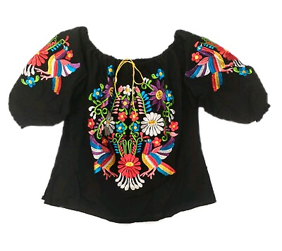 #ad Mexican Traditional Women#x27;s Blouse Black Top Tenango Floral Embroidery M $28.00
