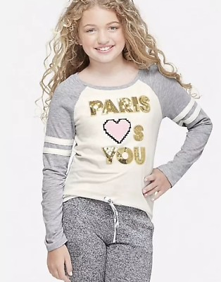 #ad Justice Girl#x27;s Size 14 PARIS LOVES YOU Sequin Raglan Tee New with Tags $19.99