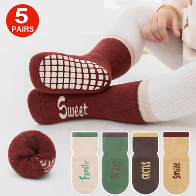 #ad 5 Pairs Baby Toddlers Anti Slip Skid Floor Socks Thick Boys Girls Cotton Socks $15.19